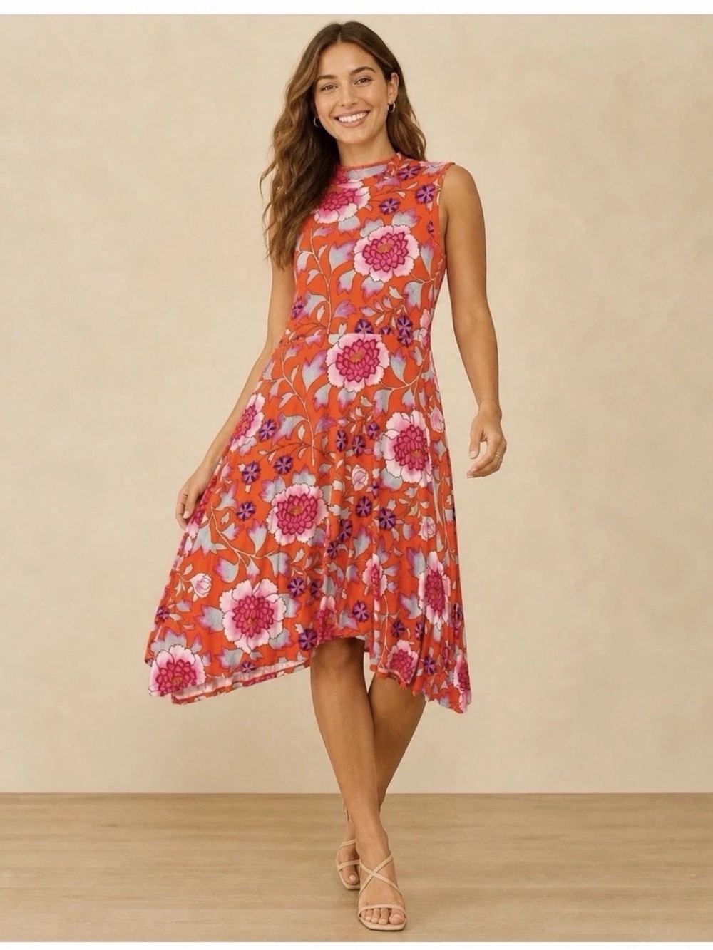 Maeve Coral Floral Sleeveless Midi Dress